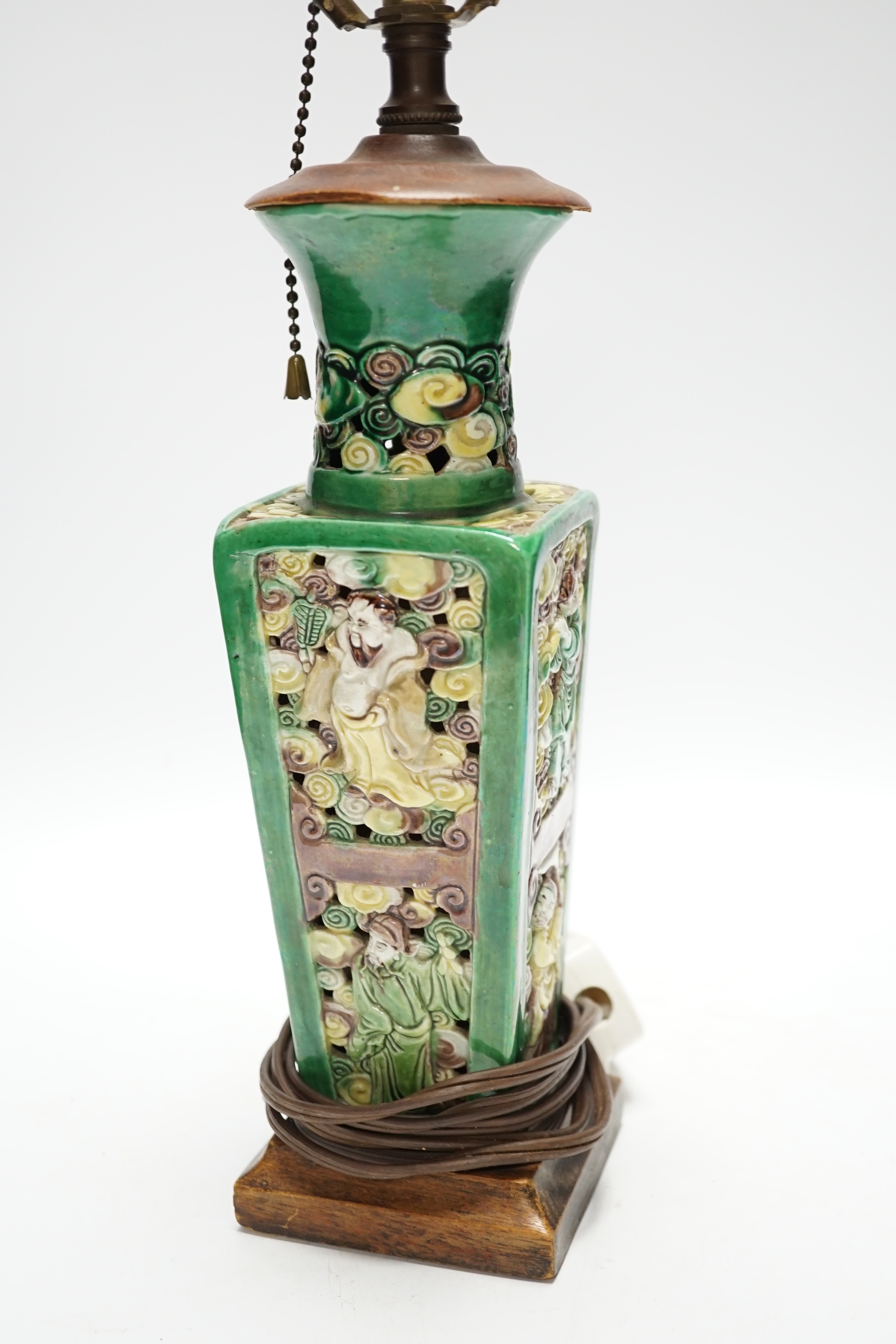 A Chinese sancai glazed square vase, early 20th century, mounted as a lamp, vase 23cm excluding fittings